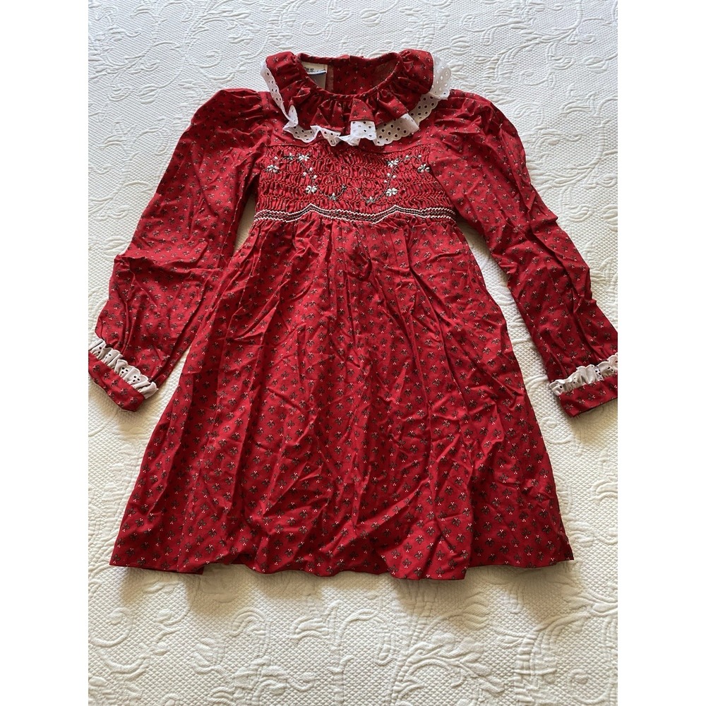 Polly Flinders Smocked Christmas Girls Dress Size 6X Vintage s3